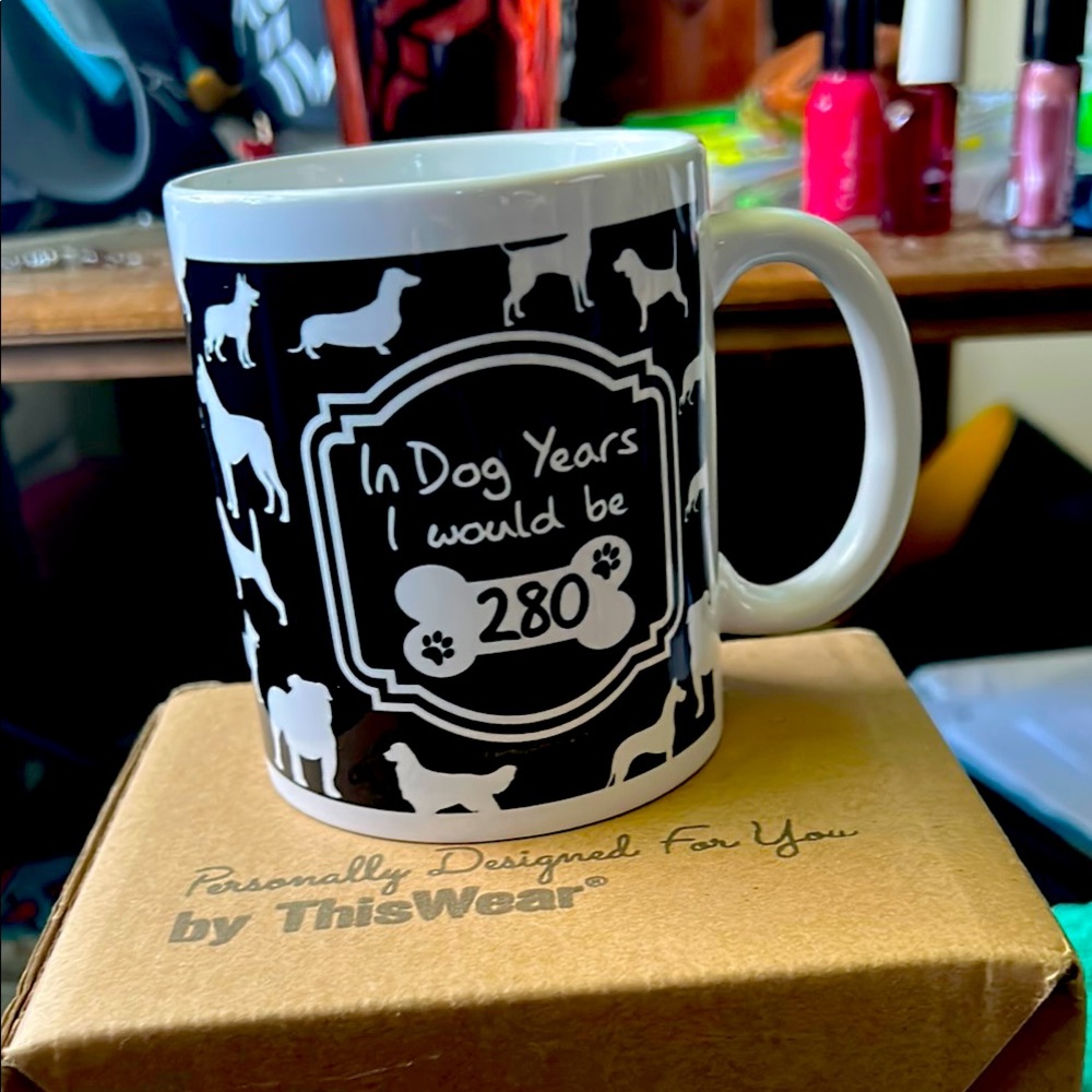 40th Birthday “dog years” mug. New in box. Never used.